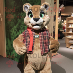 Olive Puma mascot costume character dressed with a Flannel Shirt and Cummerbunds