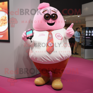 Pink Potato mascot costume character dressed with a Dress Shirt and Digital watches
