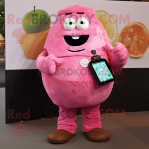 Pink Potato mascot costume character dressed with a Dress Shirt and Digital watches