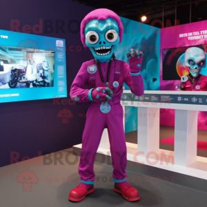 Magenta Undead mascot costume character dressed with a Jumpsuit and Bracelet watches