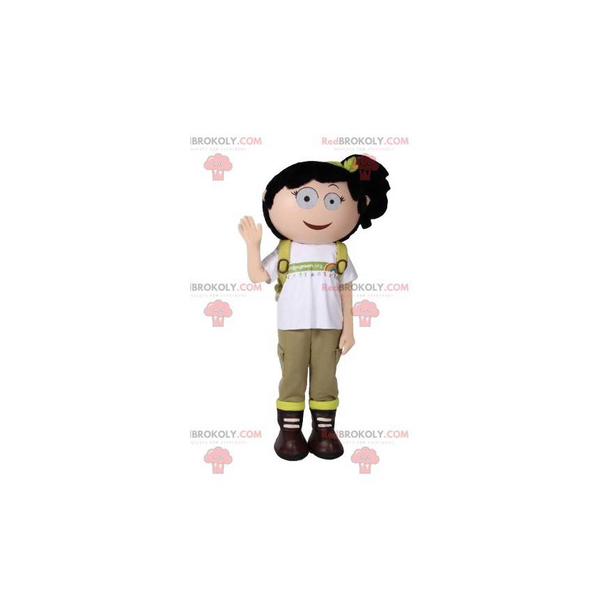 Mascote de menina aventureira com sua mochila - Redbrokoly.com