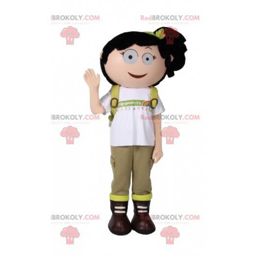 Mascote de menina aventureira com sua mochila - Redbrokoly.com