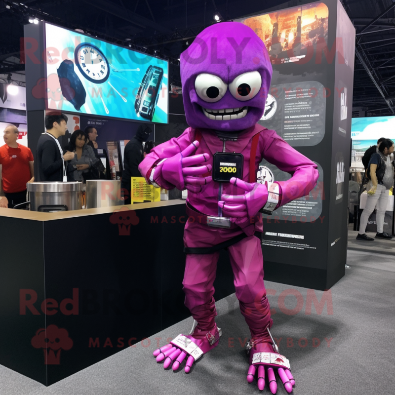 Magenta Undead mascot costume character dressed with a Jumpsuit and Bracelet watches Magenta Undead mascot costume character dressed with a Jumpsuit and Bracelet watches