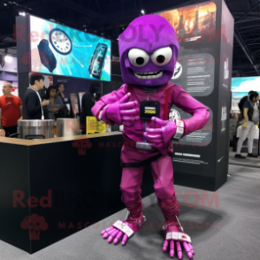 Magenta Undead mascot costume character dressed with a Jumpsuit and Bracelet watches