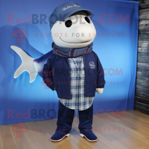 Navy Blue Whale mascot costume character dressed with a Flannel Shirt and Cufflinks