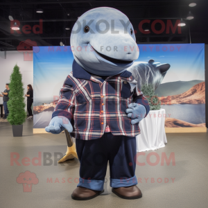 Navy Blue Whale mascot costume character dressed with a Flannel Shirt and Cufflinks