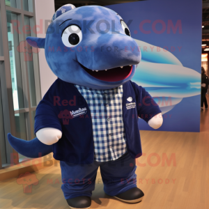 Navy Blue Whale mascot costume character dressed with a Flannel Shirt and Cufflinks