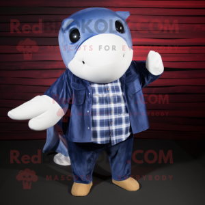 Navy Blue Whale mascot costume character dressed with a Flannel Shirt and Cufflinks