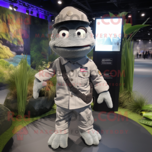 Gray Pho mascot costume character dressed with a Cargo Pants and Lapel pins
