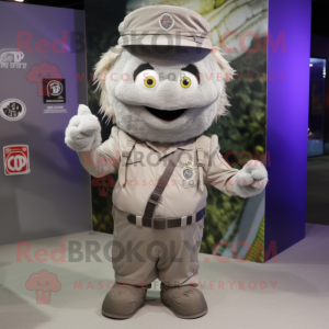 Gray Pho mascot costume character dressed with a Cargo Pants and Lapel pins