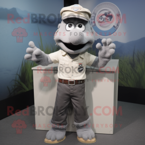 Gray Pho mascot costume character dressed with a Cargo Pants and Lapel pins