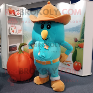 Turquoise Apricot mascot costume character dressed with a Cargo Shorts and Pocket squares