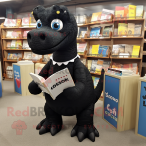 Black Diplodocus mascot costume character dressed with a Mini Skirt and Reading glasses