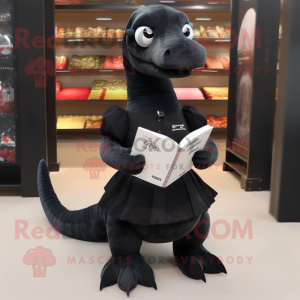 Black Diplodocus mascot costume character dressed with a Mini Skirt and Reading glasses