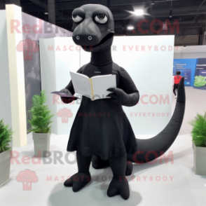 Black Diplodocus mascot costume character dressed with a Mini Skirt and Reading glasses