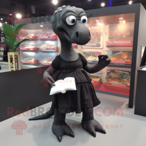 Black Diplodocus mascot costume character dressed with a Mini Skirt and Reading glasses