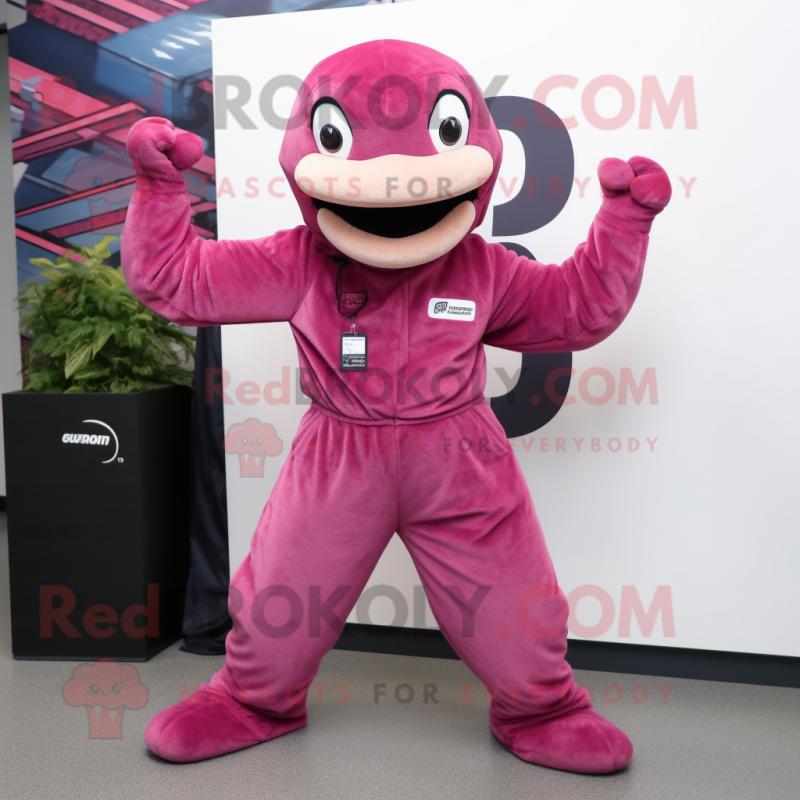 Magenta Titanoboa mascot costume character dressed with a Overalls and Beanies