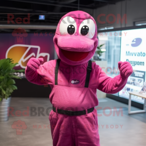 Magenta Titanoboa mascot costume character dressed with a Overalls and Beanies