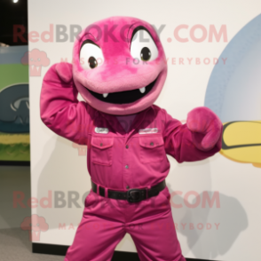 Magenta Titanoboa mascot costume character dressed with a Overalls and Beanies