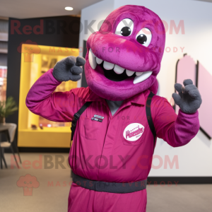 Magenta Titanoboa mascot costume character dressed with a Overalls and Beanies