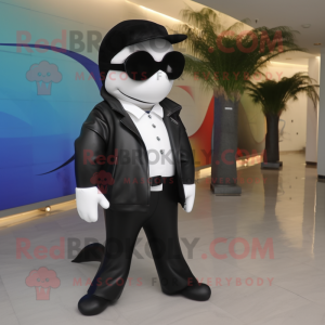 nan Killer Whale mascot costume character dressed with a Suit Pants and Sunglasses