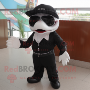 nan Killer Whale mascot costume character dressed with a Suit Pants and Sunglasses