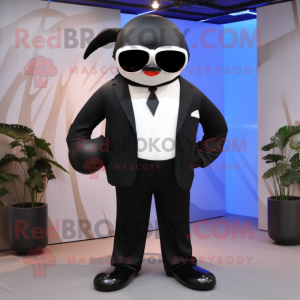 nan Killer Whale mascot costume character dressed with a Suit Pants and Sunglasses