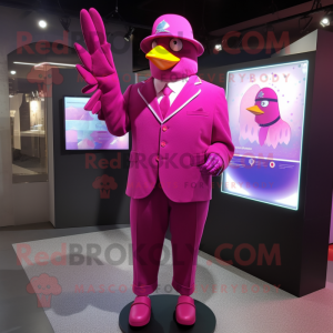 Magenta Pigeon mascot costume character dressed with a Suit Pants and Hat pins