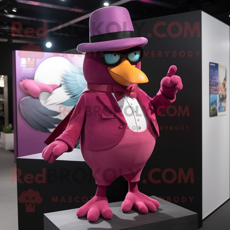 Magenta Pigeon mascot costume character dressed with a Suit Pants and Hat pins Magenta Pigeon mascot costume character dressed with a Suit Pants and Hat pins