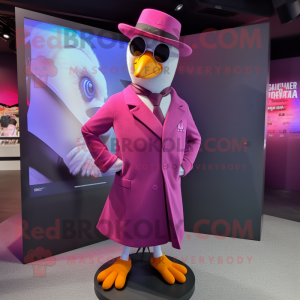 Magenta Pigeon mascot costume character dressed with a Suit Pants and Hat pins