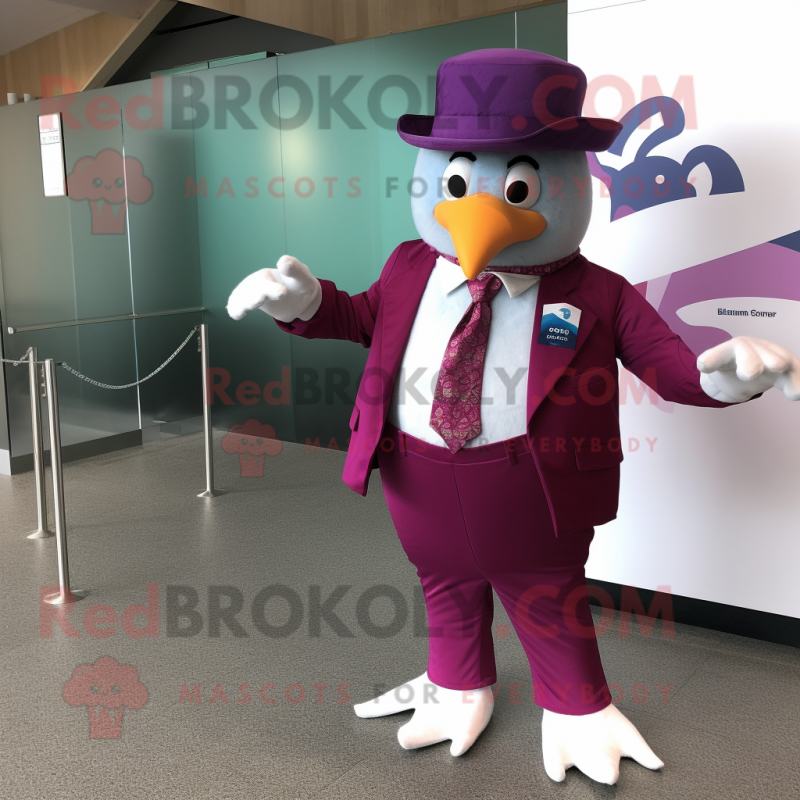 Magenta Pigeon mascot costume character dressed with a Suit Pants and Hat pins Magenta Pigeon mascot costume character dressed with a Suit Pants and Hat pins