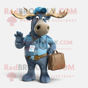 Cyan Moose mascot costume character dressed with a Denim Shirt and Wallets