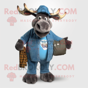 Cyan Moose mascot costume character dressed with a Denim Shirt and Wallets