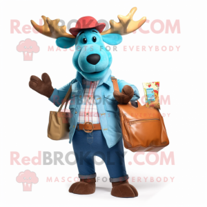 Cyan Moose mascot costume character dressed with a Denim Shirt and Wallets