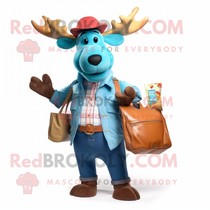Cyan Moose mascot costume character dressed with a Denim Shirt and Wallets Cyan Moose mascot costume character dressed with a Denim Shirt and Wallets