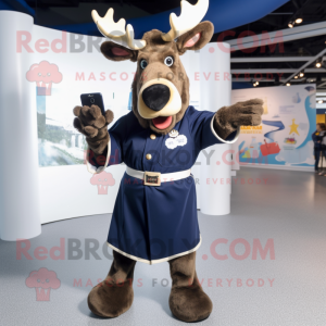 Navy Moose mascot costume character dressed with a Midi Dress and Belts