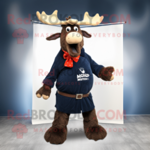 Navy Moose mascot costume character dressed with a Midi Dress and Belts