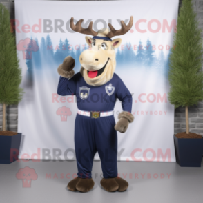 Navy Moose mascot costume character dressed with a Midi Dress and Belts