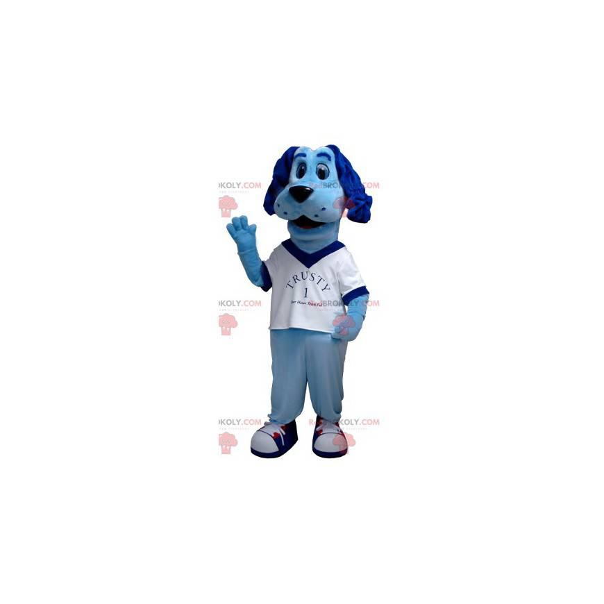 Mascotte cane blu con una maglietta bianca - Redbrokoly.com