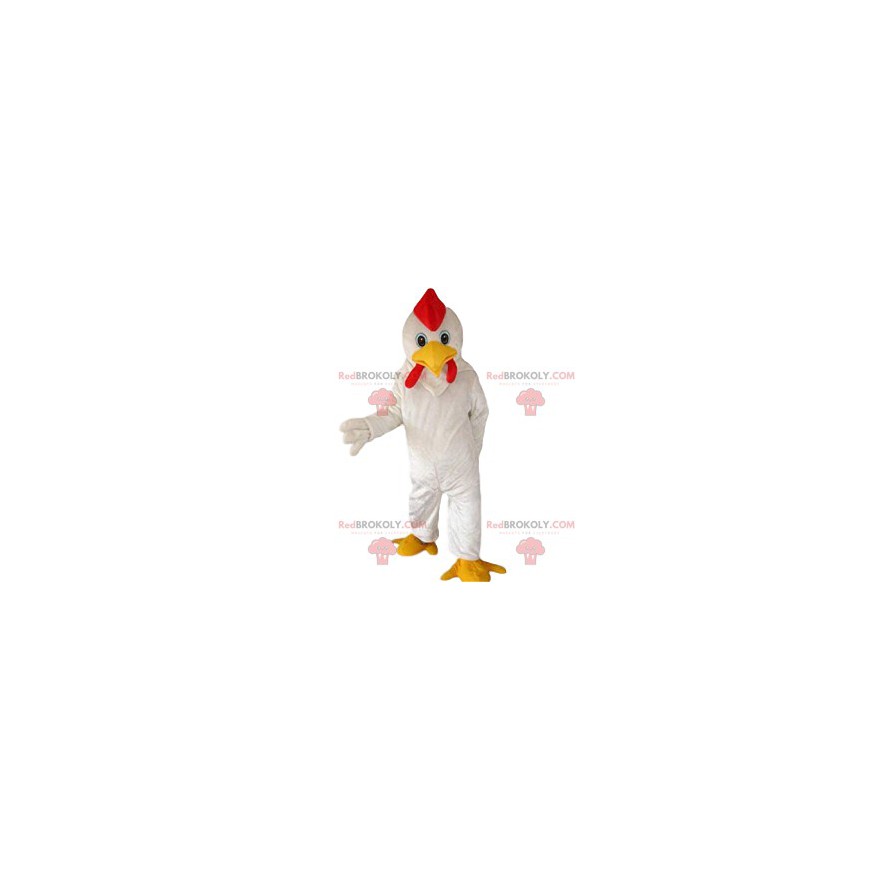 Super weißes Hühnermaskottchen und sein rotes Wappen -