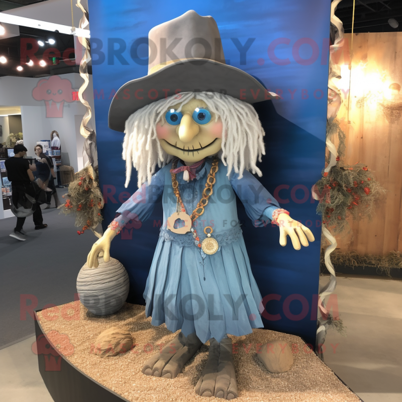 Beige Witch mascot costume character dressed with a Chambray Shirt and Necklaces