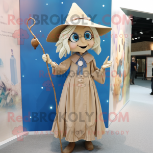 Beige Witch mascot costume character dressed with a Chambray Shirt and Necklaces