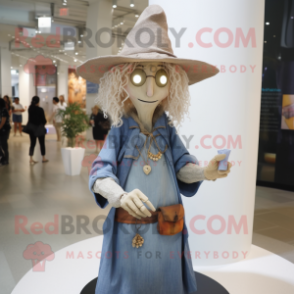 Beige Witch mascot costume character dressed with a Chambray Shirt and Necklaces