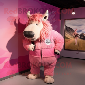 Pink Woolly Rhinoceros mascot costume character dressed with a Windbreaker and Suspenders