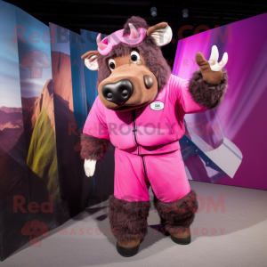 Pink Woolly Rhinoceros mascot costume character dressed with a Windbreaker and Suspenders