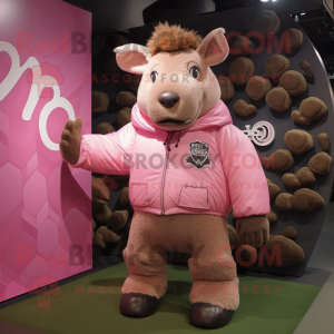 Pink Woolly Rhinoceros mascot costume character dressed with a Windbreaker and Suspenders