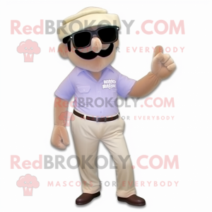 Beige Plum mascot costume character dressed with a Chambray Shirt and Sunglasses