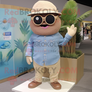 Beige Plum mascot costume character dressed with a Chambray Shirt and Sunglasses