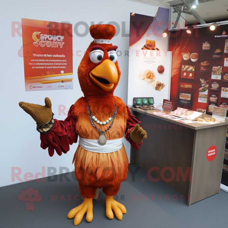 Rust Tandoori Chicken mascot costume character dressed with a Dress and Cufflinks Rust Tandoori Chicken mascot costume character dressed with a Dress and Cufflinks