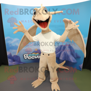 Beige Pterodactyl mascot costume character dressed with a Long Sleeve Tee and Bracelets